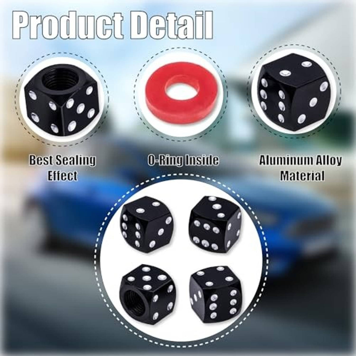 Dice-style tire valve stem cap set: black caps with silver dots and red O-ring