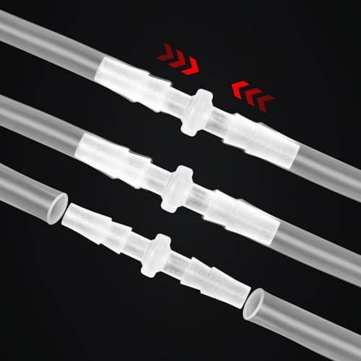 Clear plastic barbed hose connector with stepped barbs for tight tubing hold