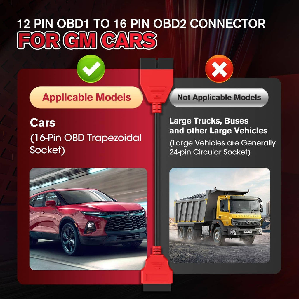 Red OBD connector adapter cable for GM with 12-pin to 16-pin connector housings