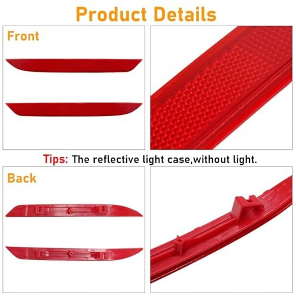 Red rear bumper reflector lens with textured face and mounting clips (front/back)