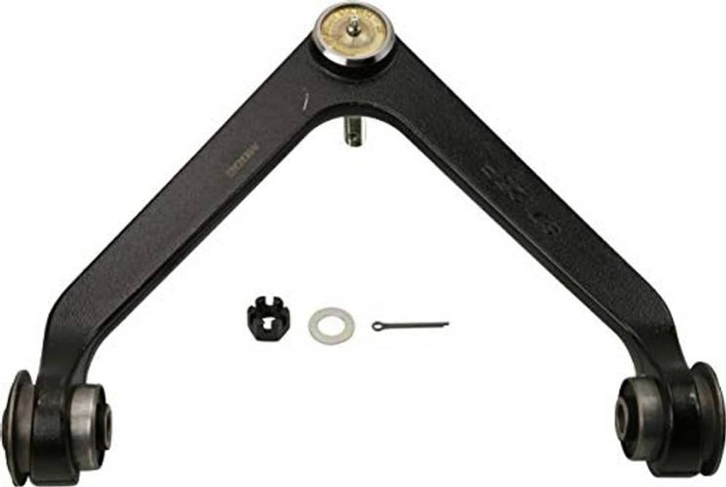 Front upper control arm with ball joint and mounting stud, black metal assembly