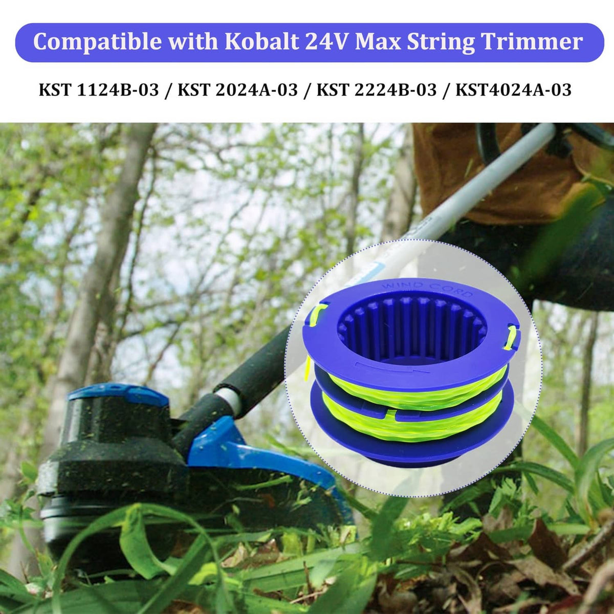Blue trimmer line spool with neon green cutting line on a string trimmer