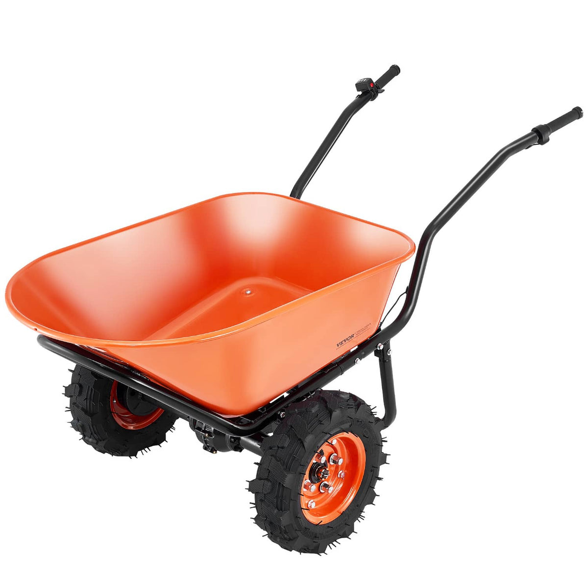 Electric wheelbarrow cart with large orange bin, black handles, four orange wheels, 3/4 view