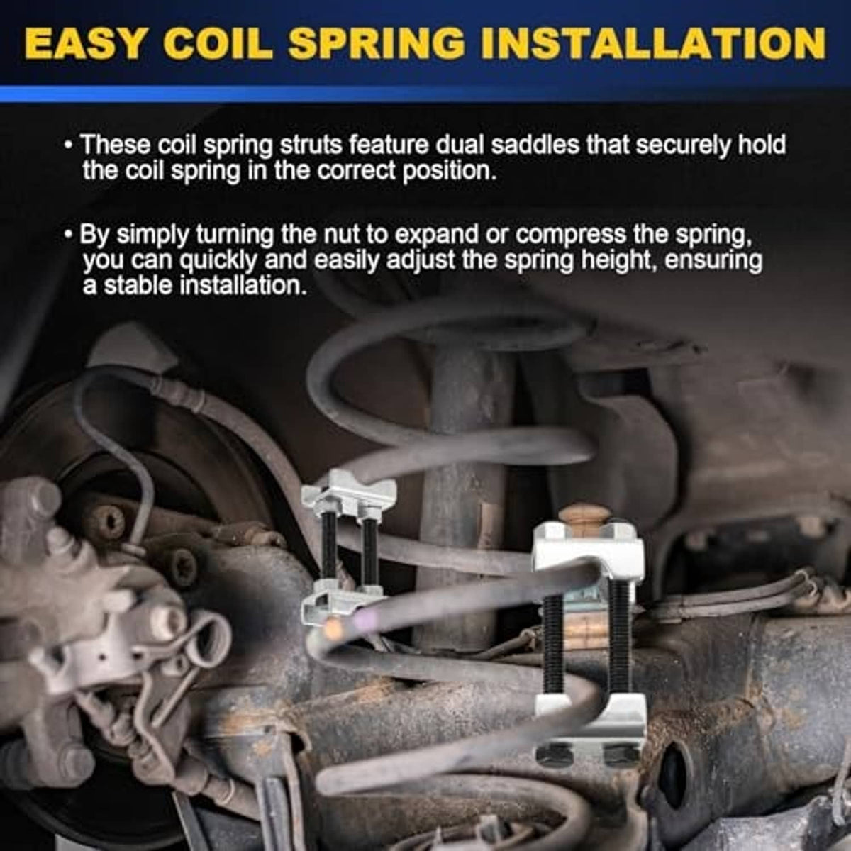 Adjustable coil spring spacer pair installed in vehicle suspension, showing threaded bolts