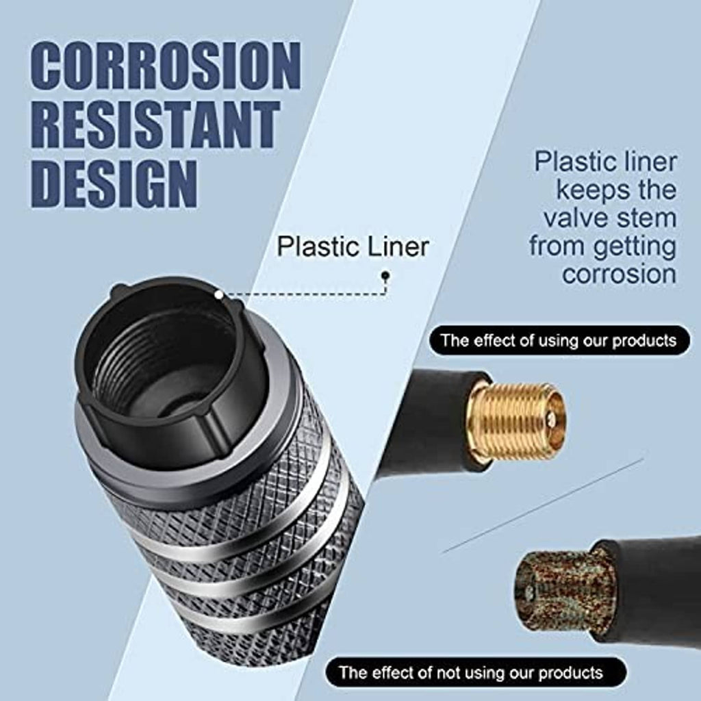 Tire valve stem cap with black plastic liner and textured grey metal sleeve