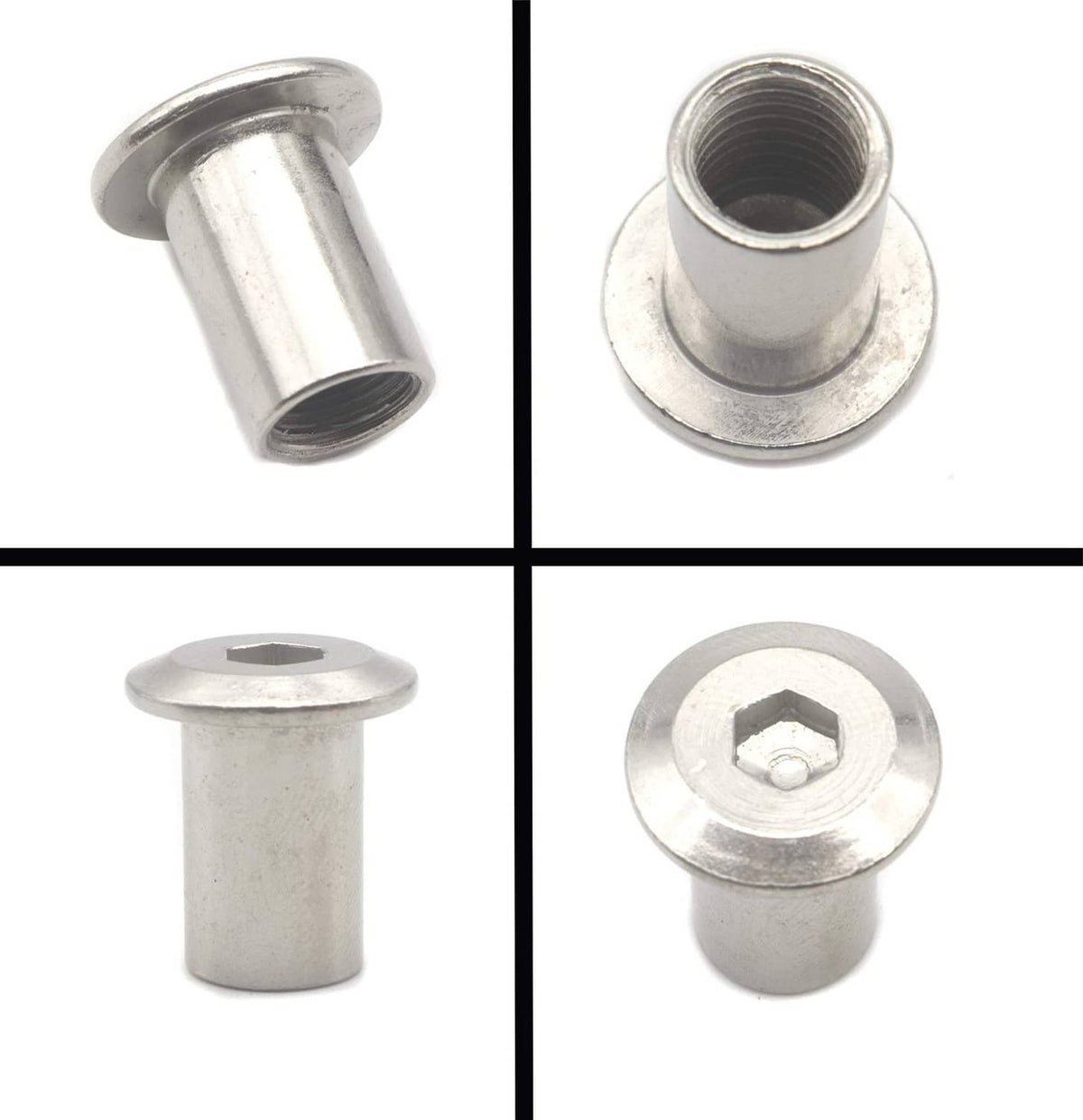 Rivet nut insert closeups: threaded barrel and hex socket top, silver steel