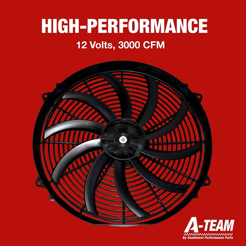 Black 16 in high-performance electric radiator fan with red blade inserts and motor hub