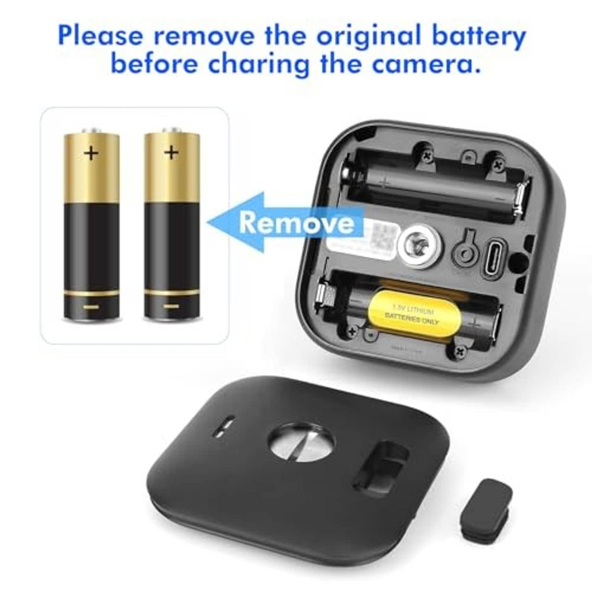 Black security camera back plate with open battery compartment and two batteries