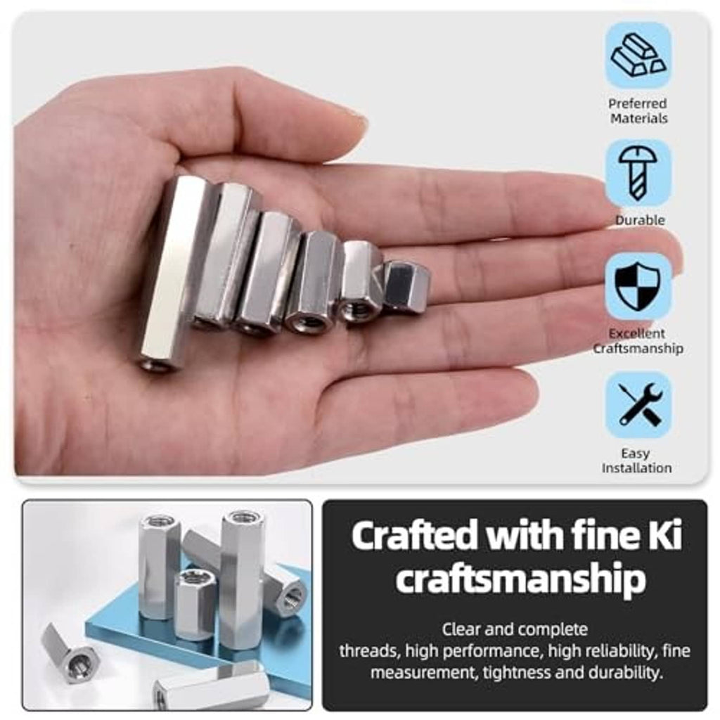 Hand holding several 304 stainless steel extended hex coupling nuts