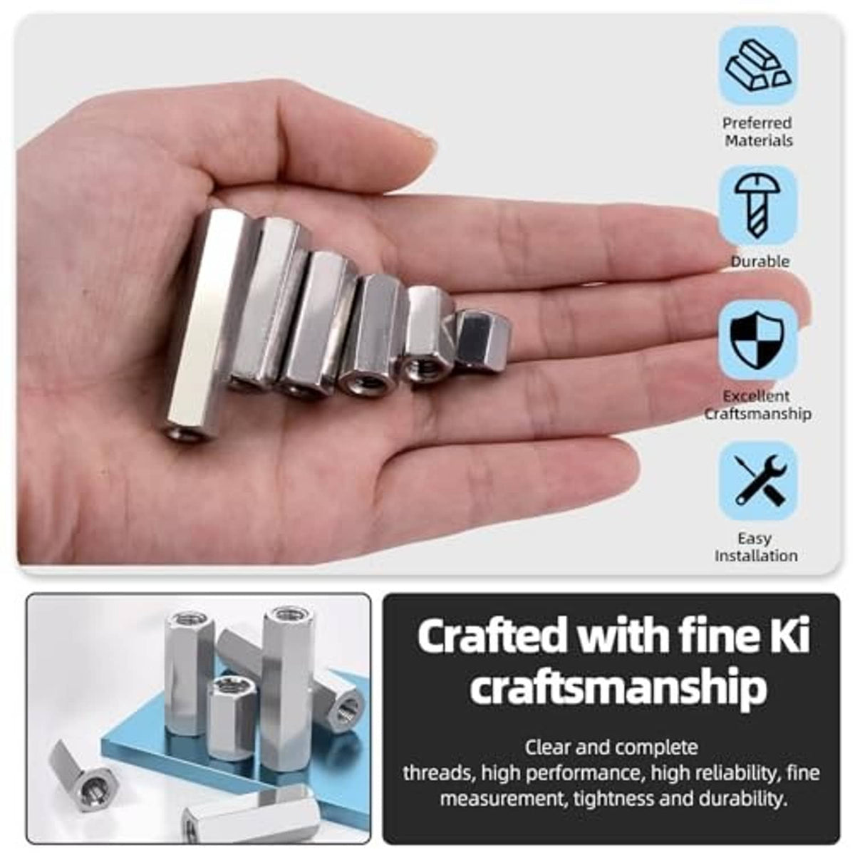 Hand holding several 304 stainless steel extended hex coupling nuts