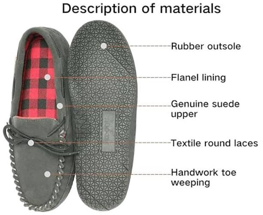 Charcoal gray moccasin slipper with red plaid lining and lace-up closure, side view.