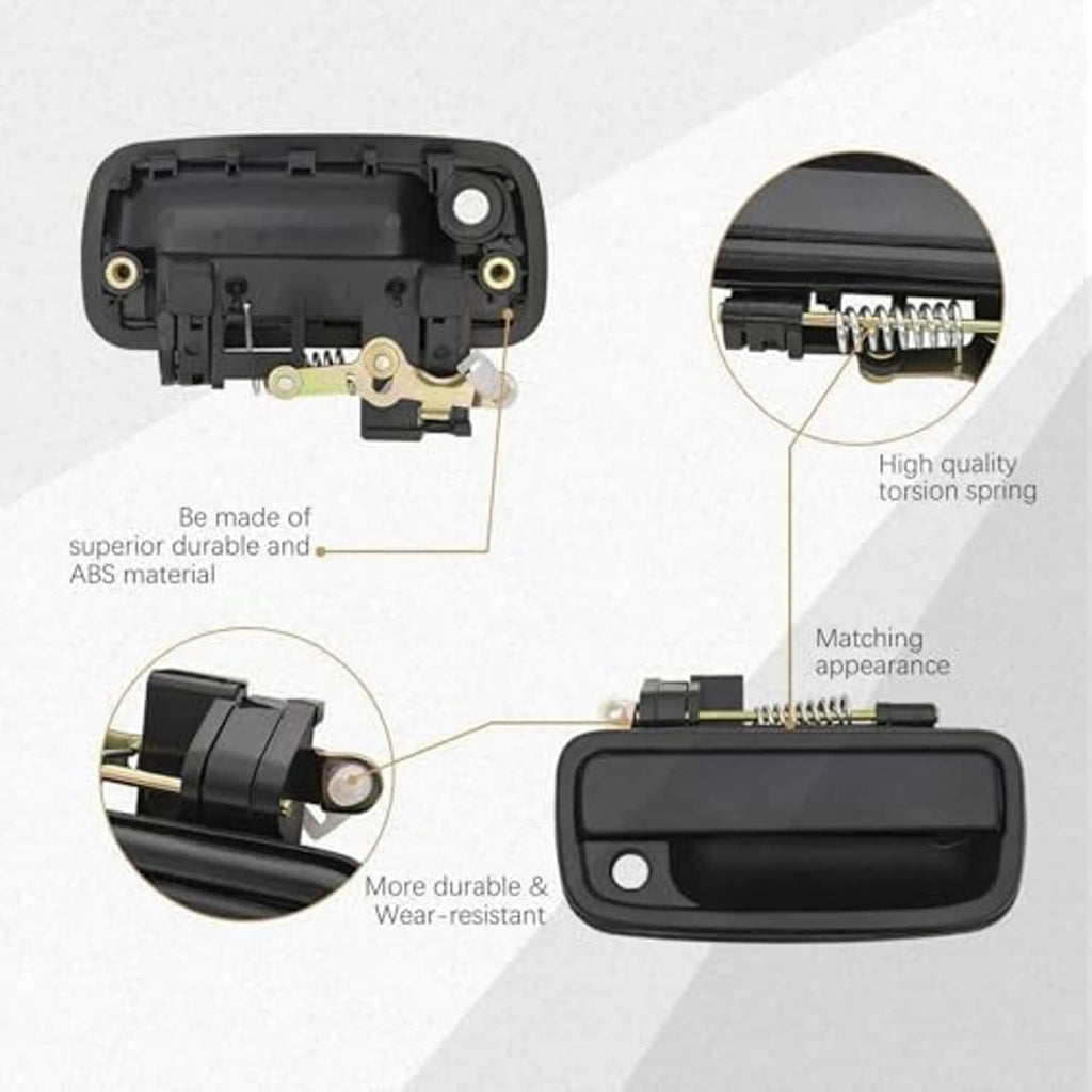 Black exterior door handle with circular key hole opening, plastic housing