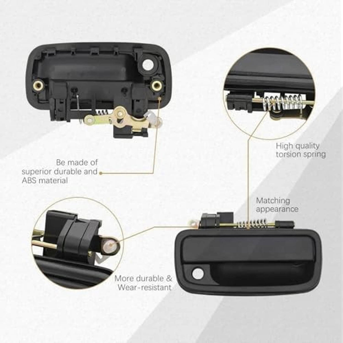 Black exterior door handle with circular key hole opening, plastic housing