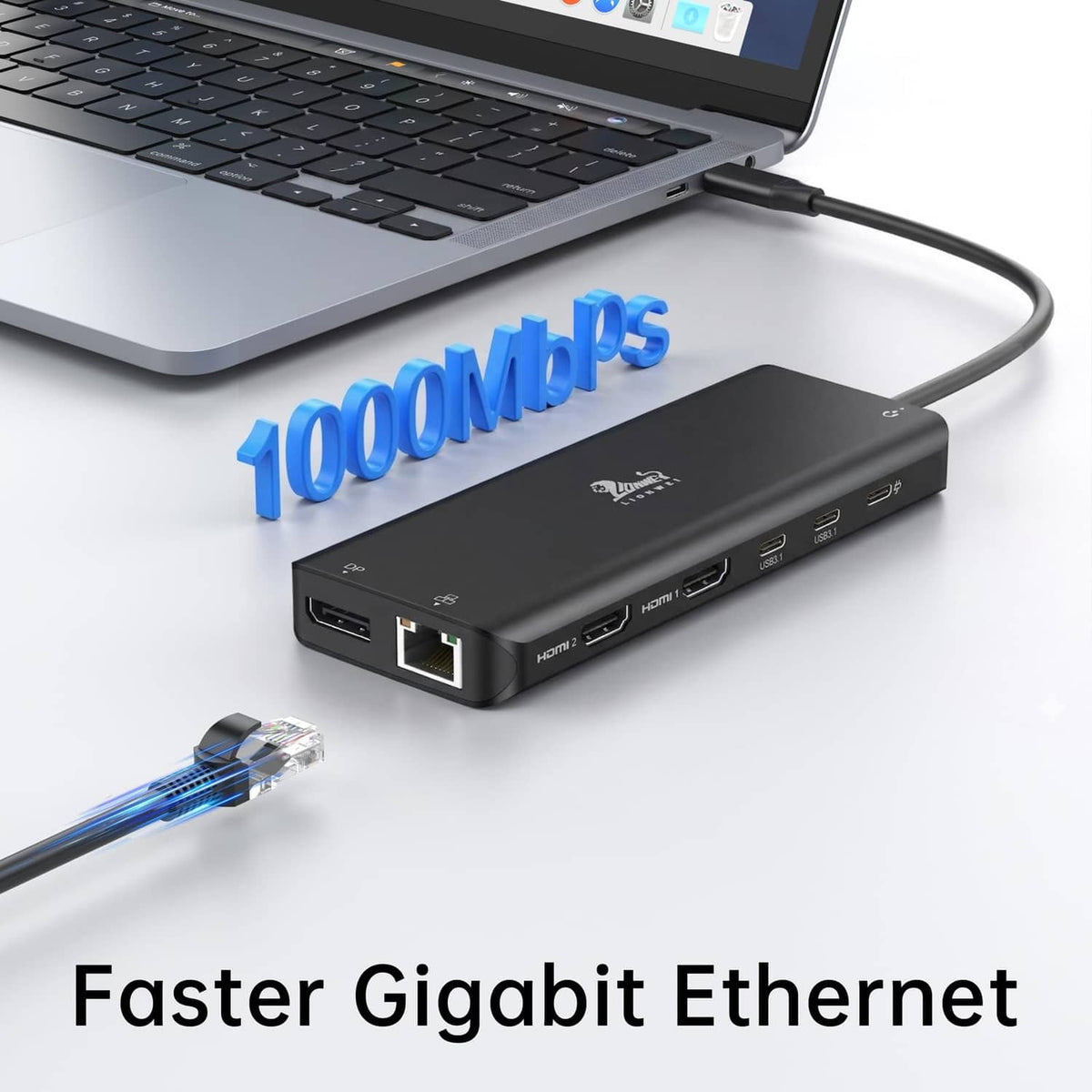 LIONWEI USB C docking station, black with ethernet and multiple display ports
