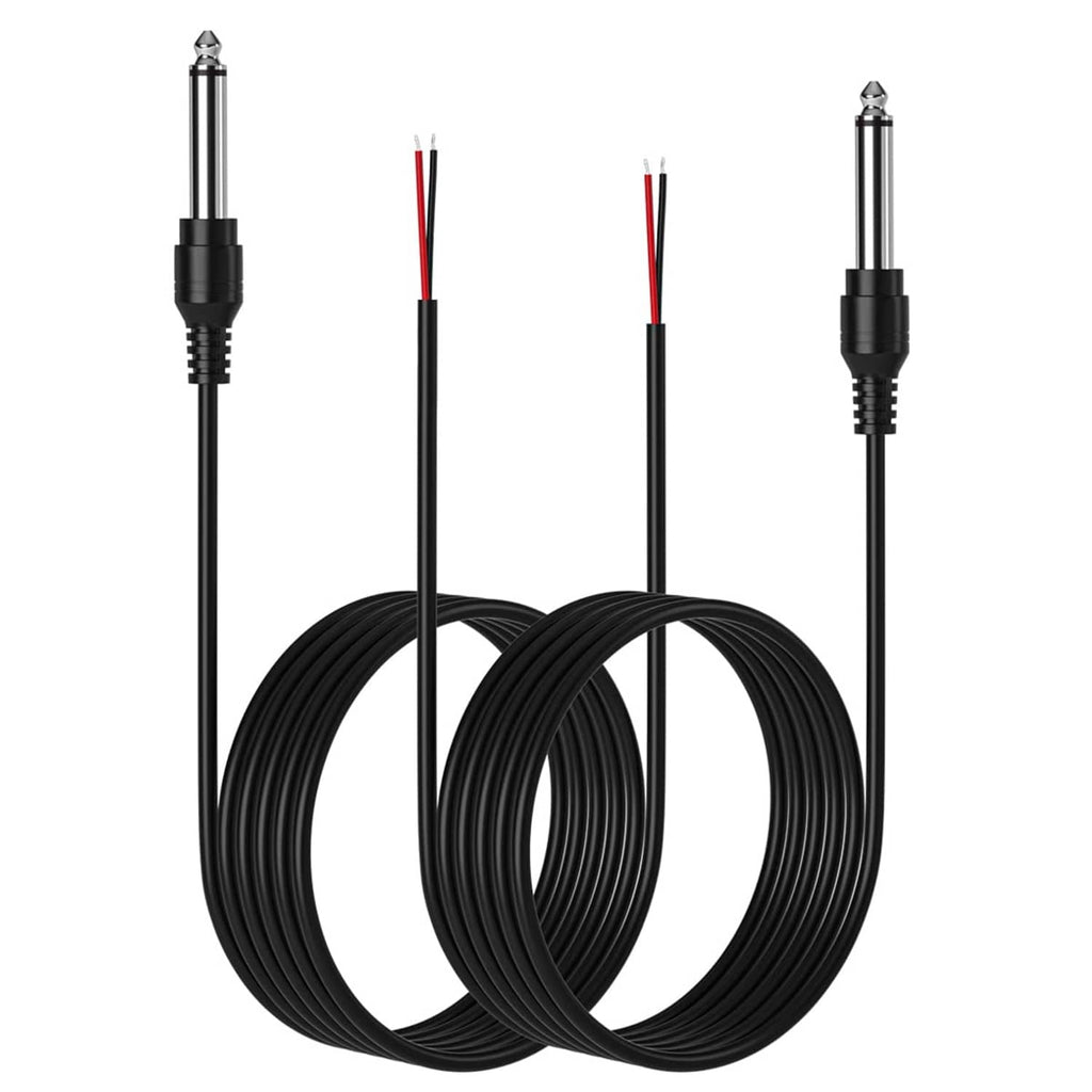 Coiled 2-pack 6.35mm male plug to bare wire audio cables, black with red/black conductors