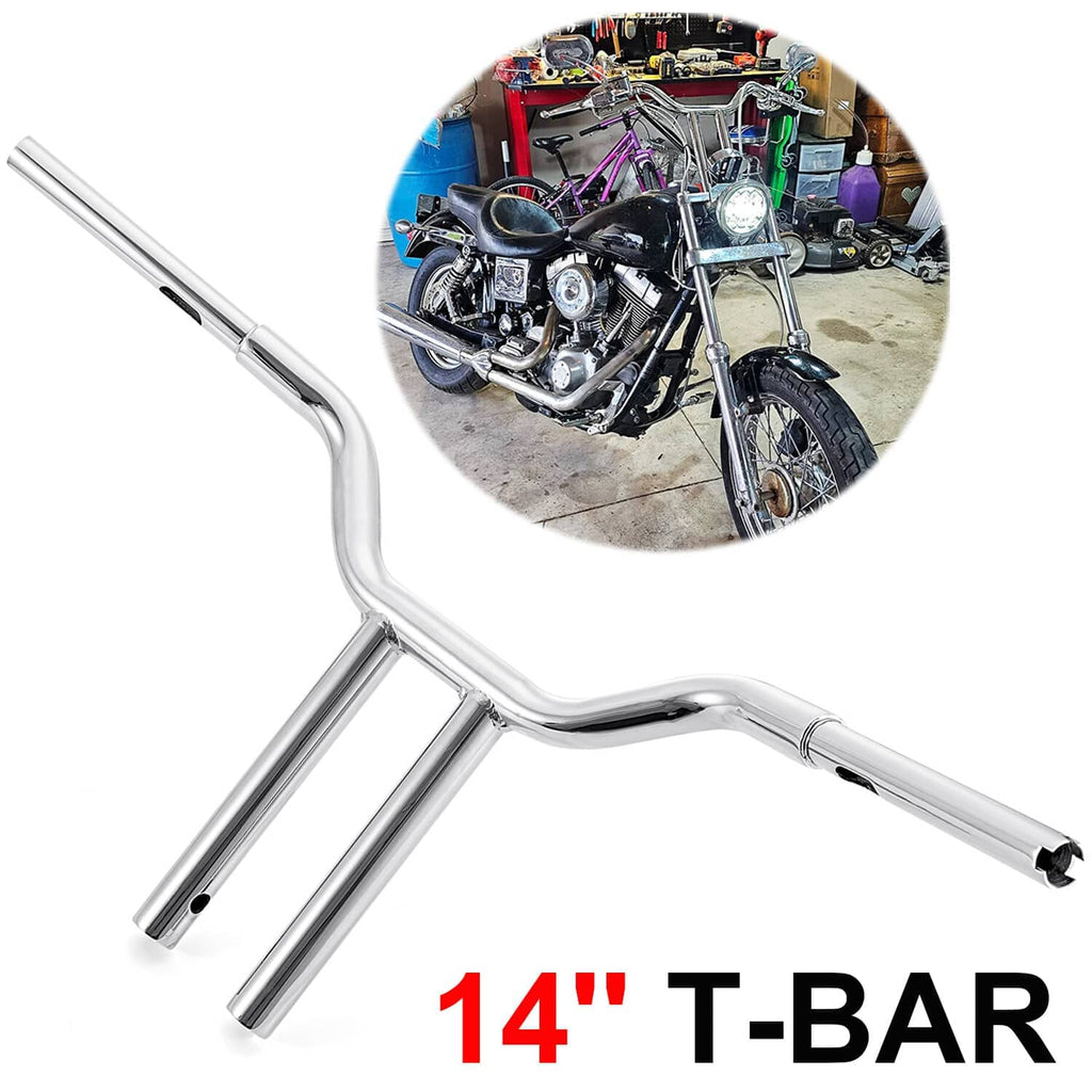 Chrome 14-inch T-bar handlebar with straight grips and two fork-mount posts