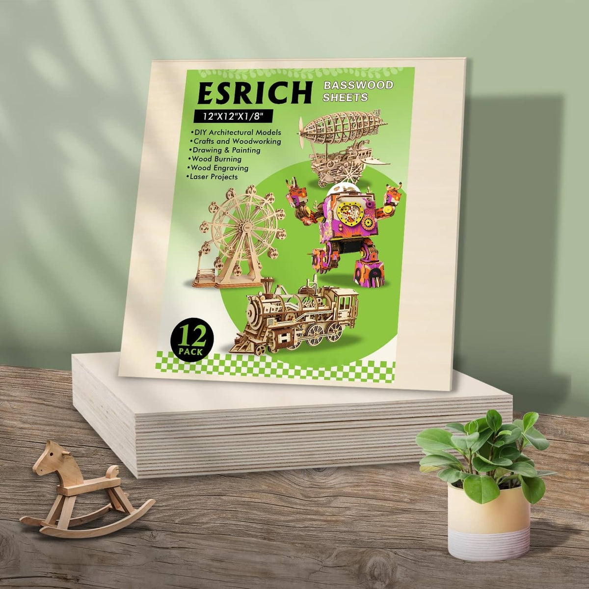 ESRICH basswood sheets 12-pack package with stacked blanks on stand