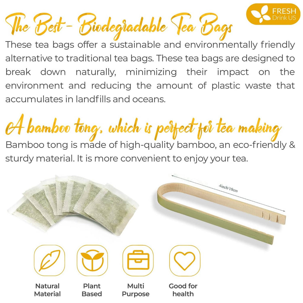 Biodegradable tea bag set with natural plant-based materials icons and tray