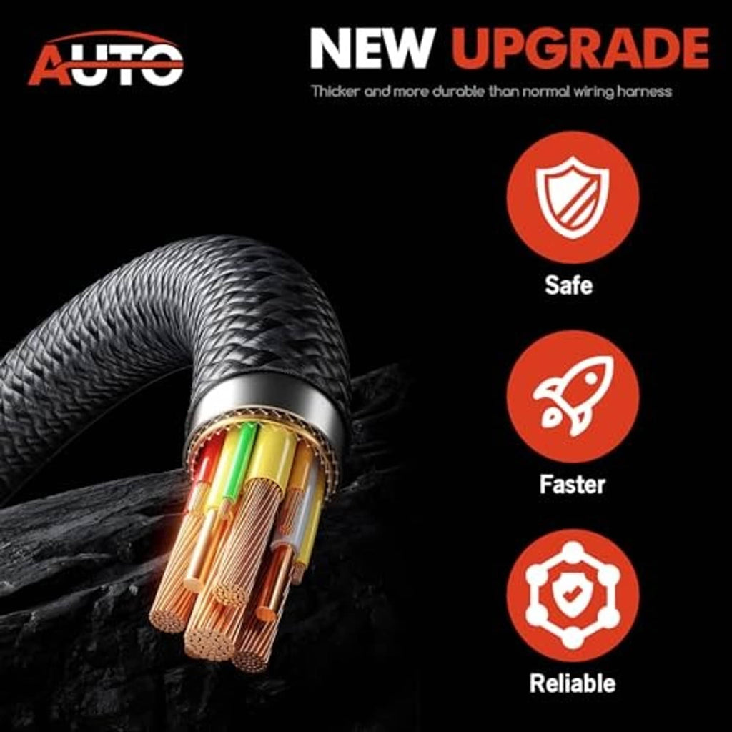 Upgraded headlight wiring harness graphic with braided cable and safety icons