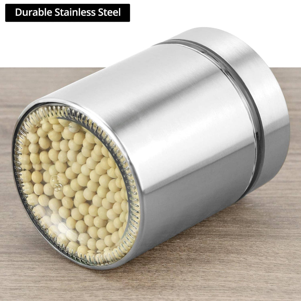 Stainless steel canister with clear window, showing contents through the open top