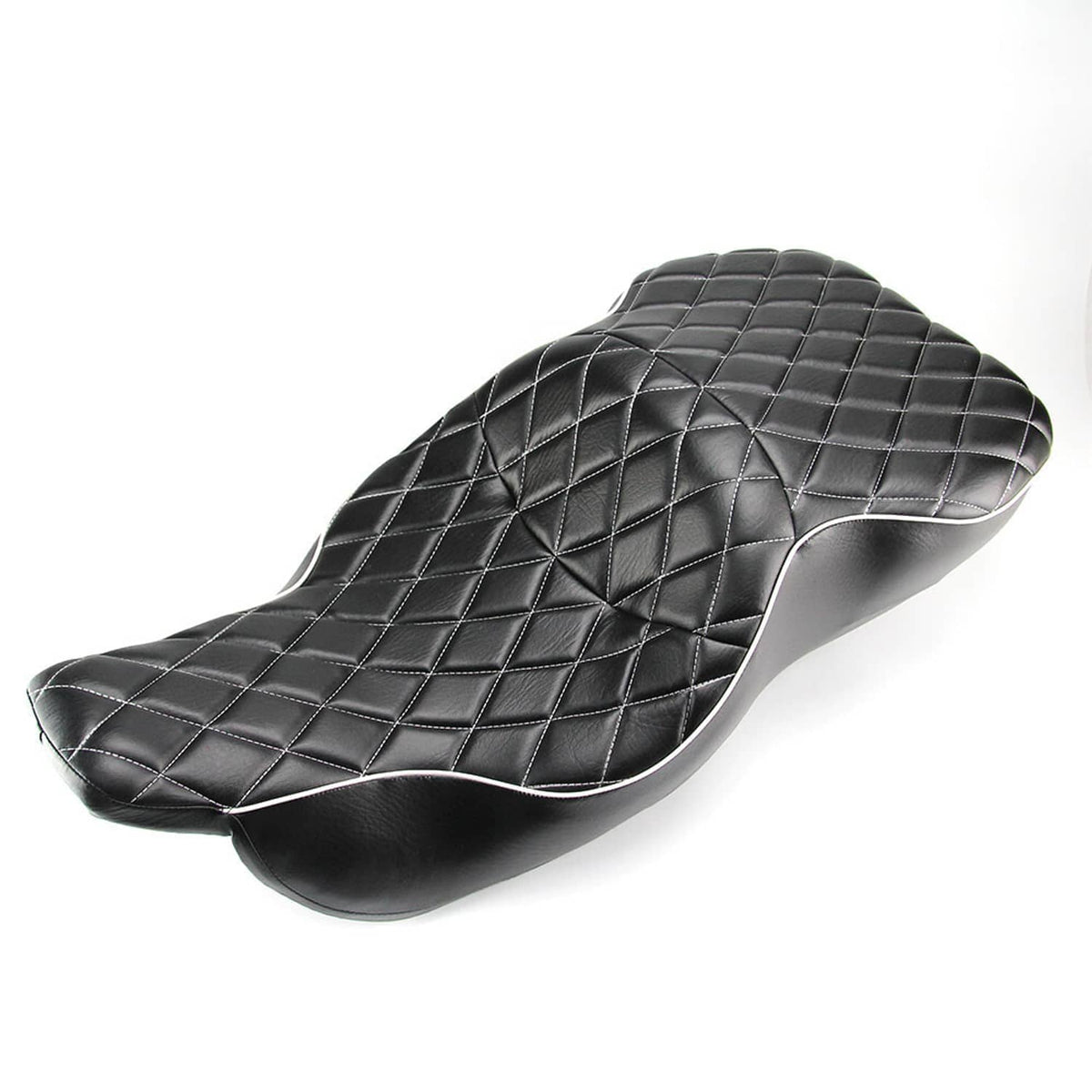 Driver-passenger motorcycle seat, black leather look, diamond quilting with white piping