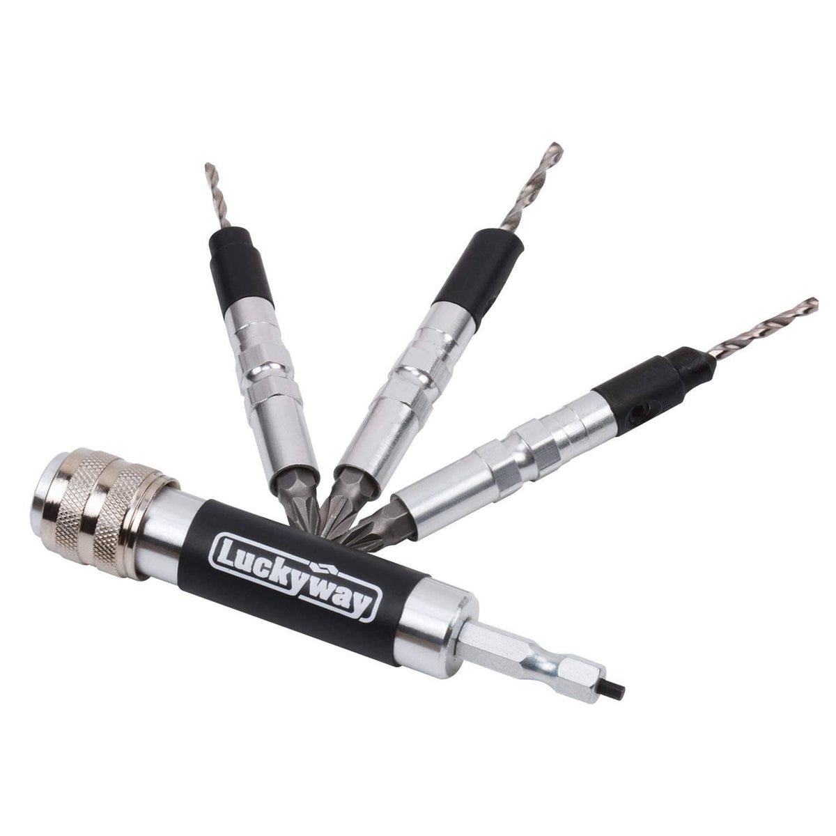 Countersink drill bit set, three wood bits, black and silver, hex shank