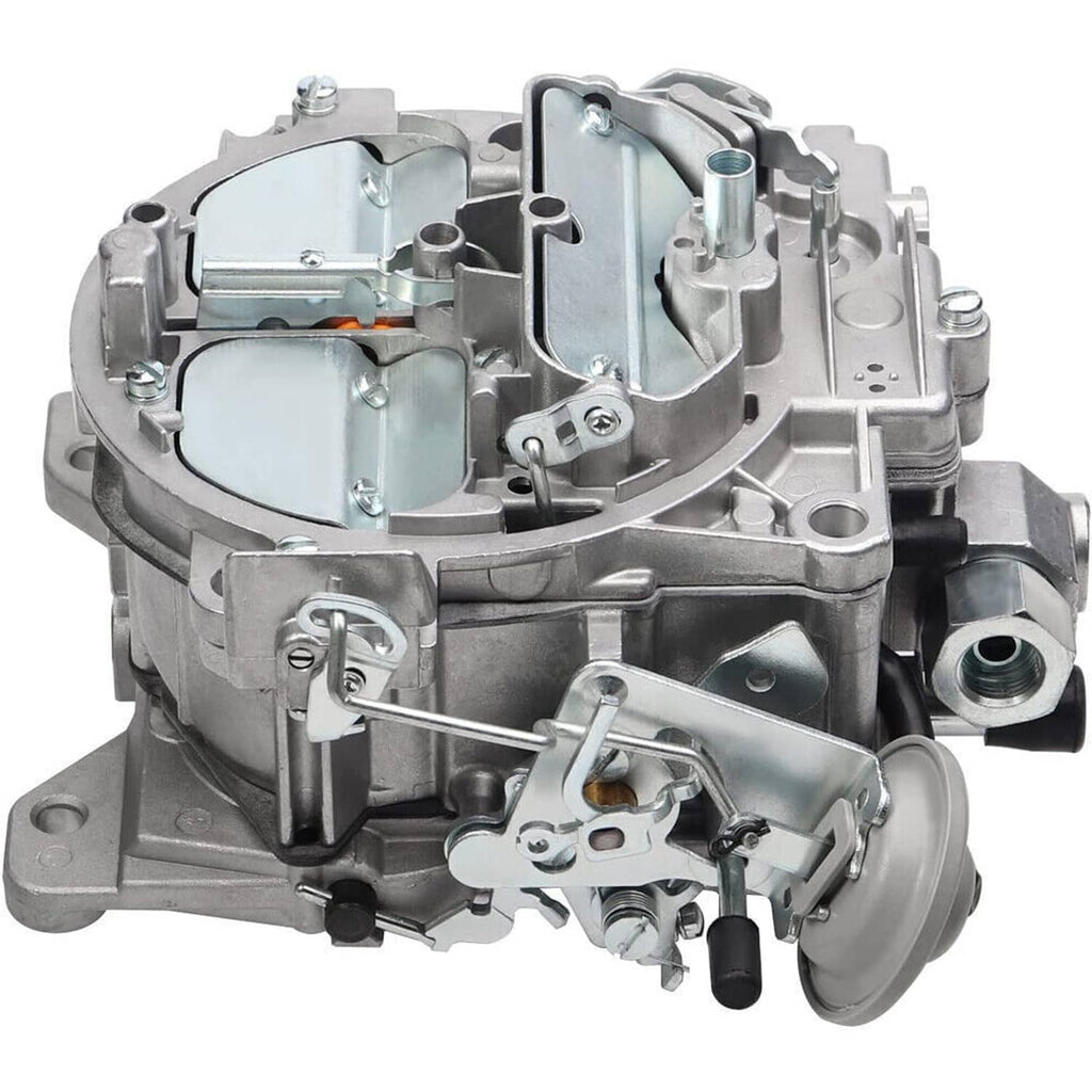 Rochester Quadrajet 4-barrel carburetor close-up with throttle linkage and ports