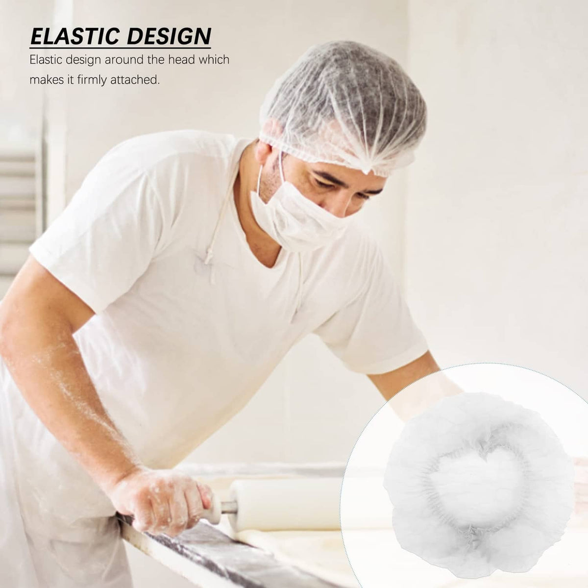 Disposable hair cover bouffant cap with elastic design, worn over face
