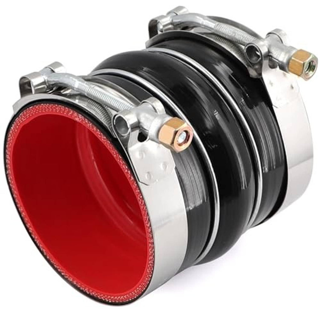 Red-lined black silicone straight coupler hose with two clamped stainless rings.