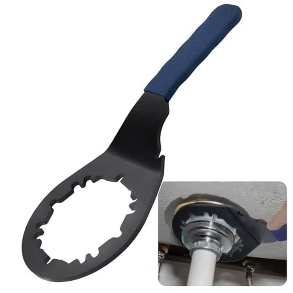 Universal sink drain wrench showing black wrench head and dark blue ergonomic handle
