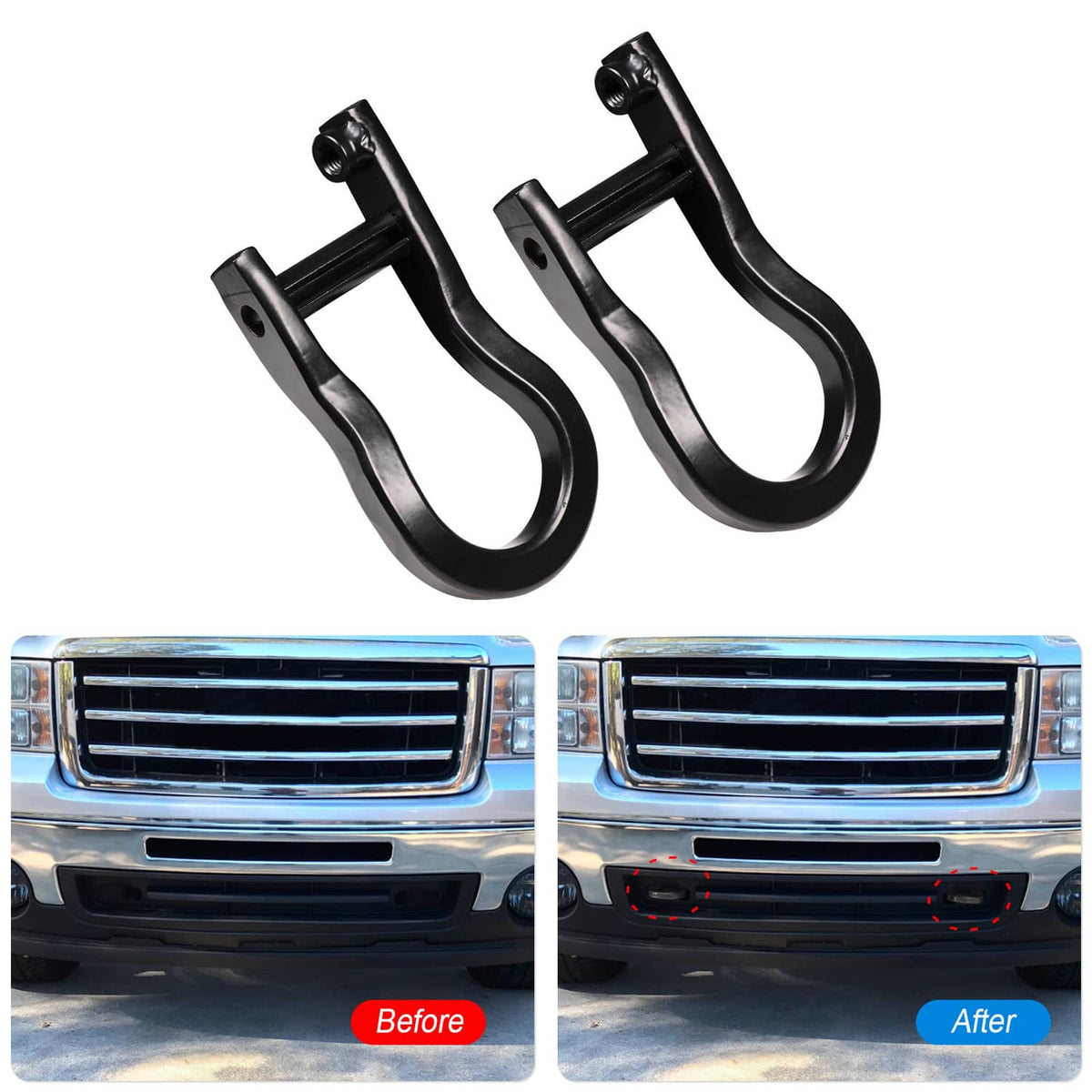 Pair of black U-shaped tow recovery hooks for vehicle front bumper mounting