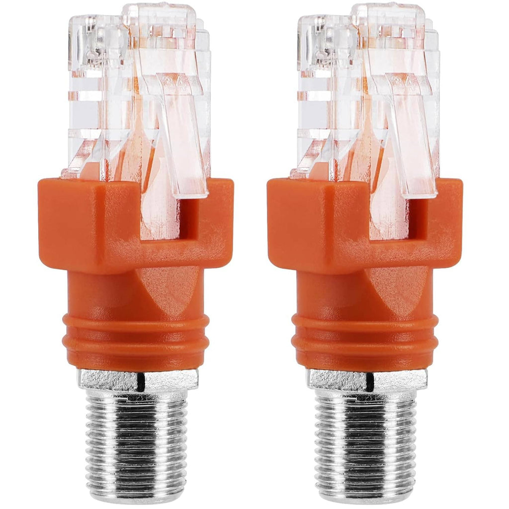 Two RF-to-RJ45 adapter connectors: clear RJ45 male ends and orange housings with threads