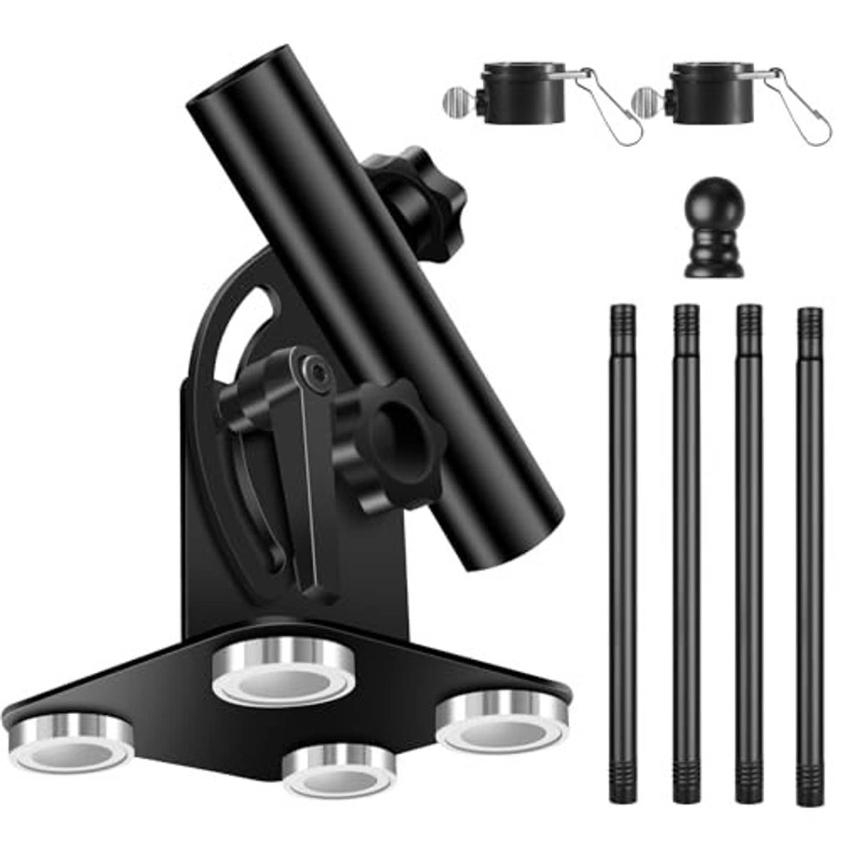 Black magnetic RV flag pole holder with adjustable clamp and four pole pieces