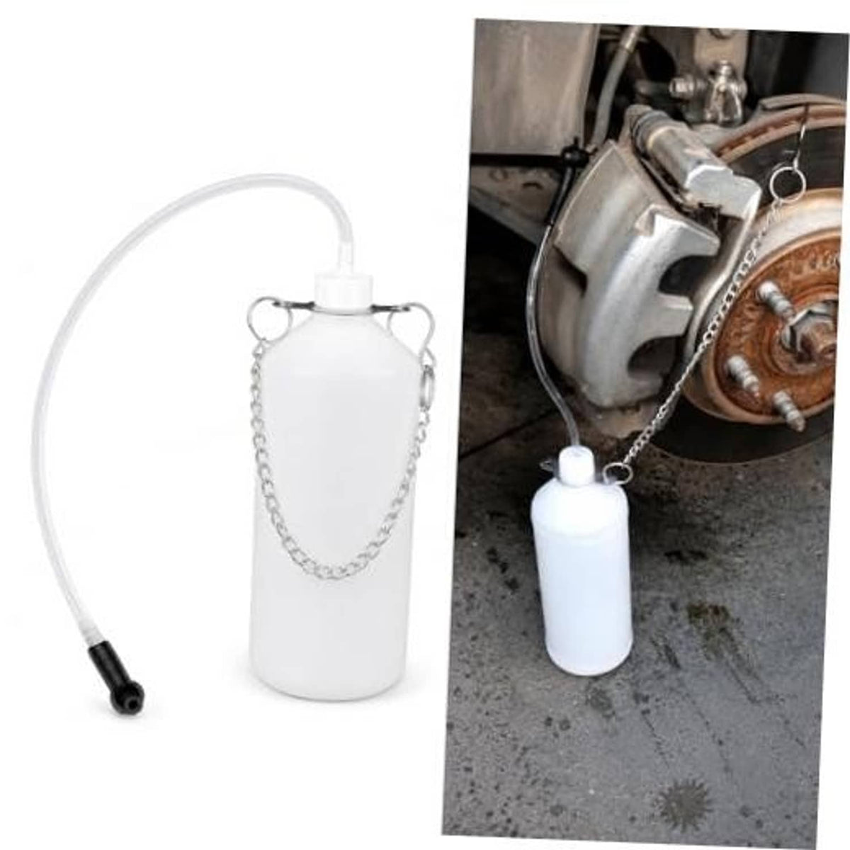 White 1L brake bleeder bottle with hanging chain, clear hose, and black adapter