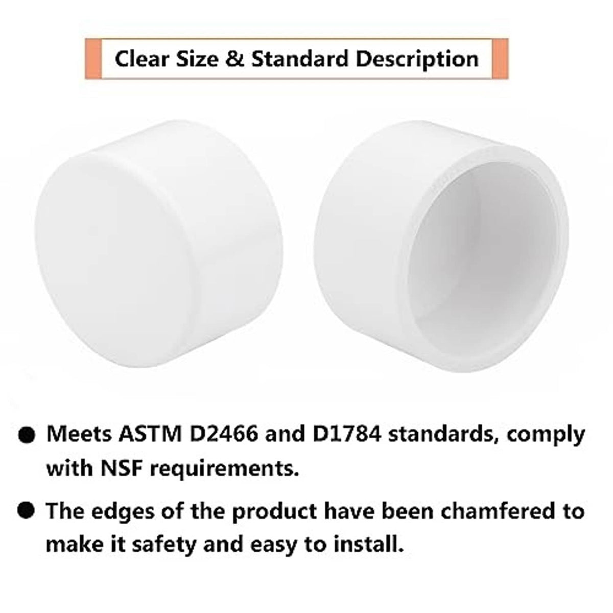 White PVC pipe end caps with chamfered edges, 1-1/4 in pair