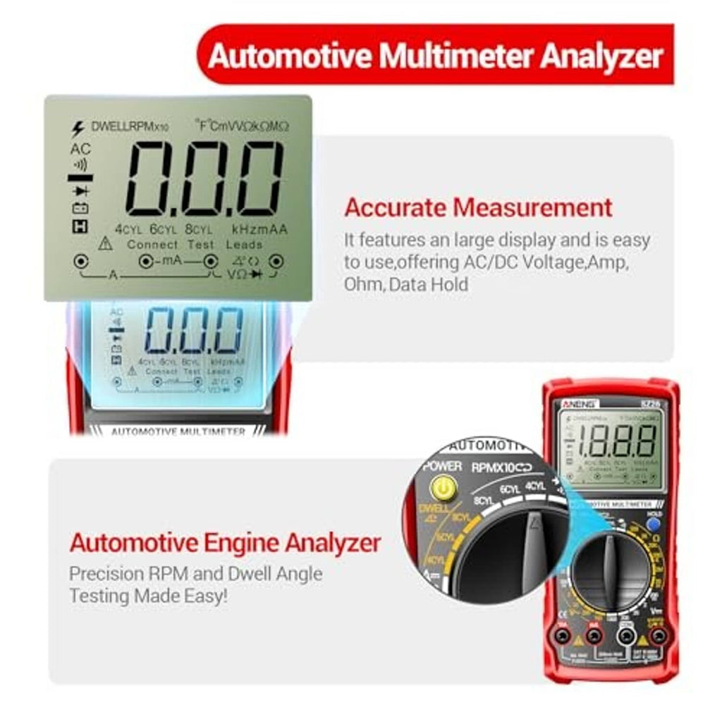 Red automotive multimeter analyzer kit with LCD display, rotary selector dial, and probes