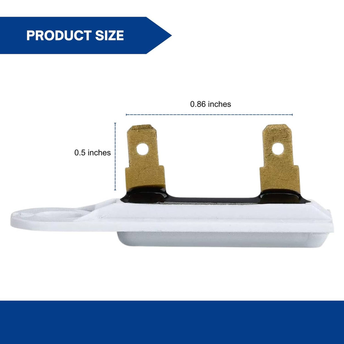 Dryer thermal fuse with white housing, gold prongs, and black heat element bar