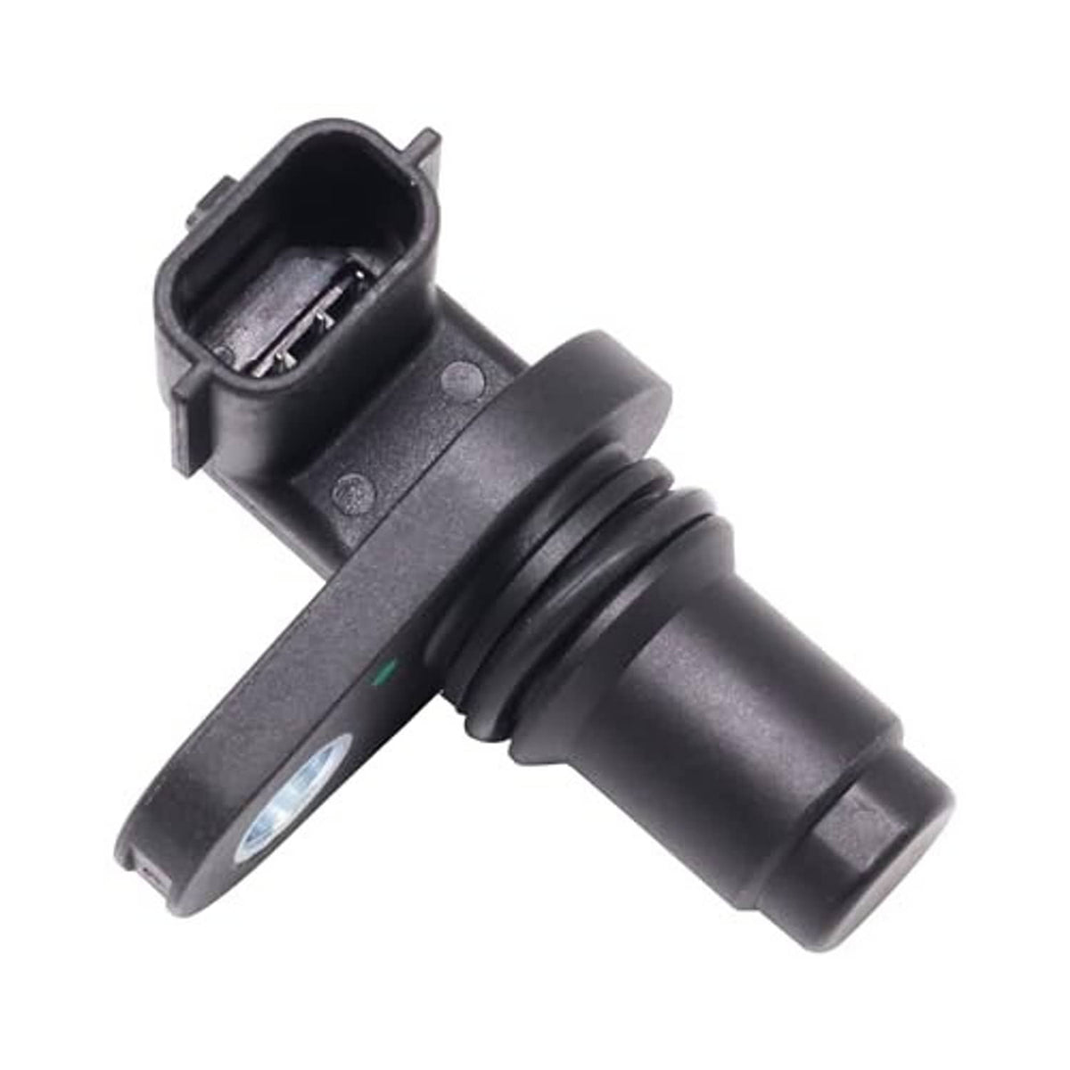 Camshaft position sensor with exposed connector pins and black plastic body