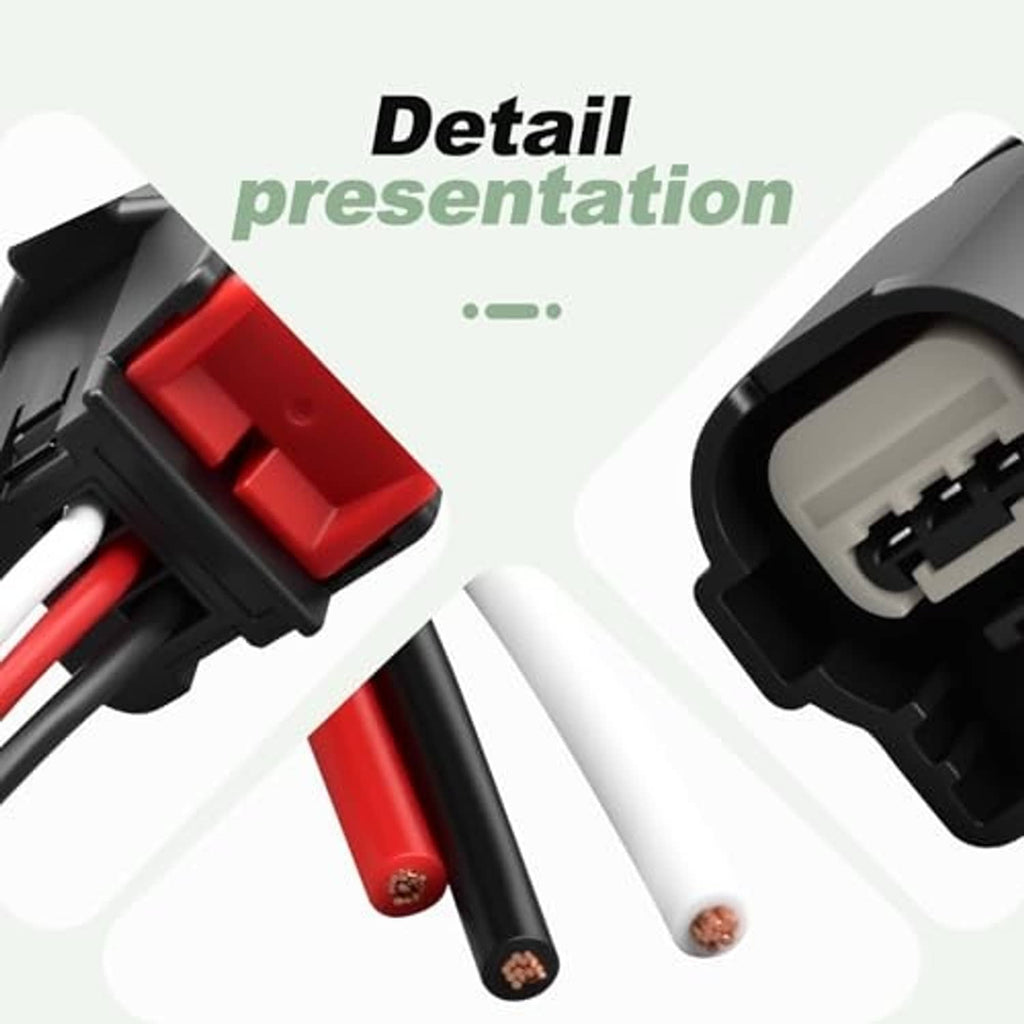 Close-up of 3-pin wiring connector with red latch and three metal terminals