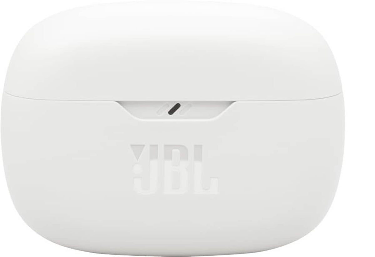 White charging case for noise-cancelling earbuds with front status details