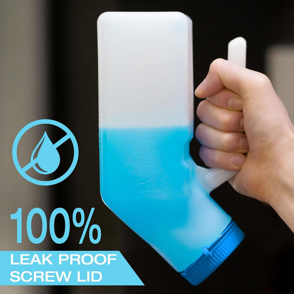 Men's plastic urinal with blue screw lid, held by hand; translucent spout