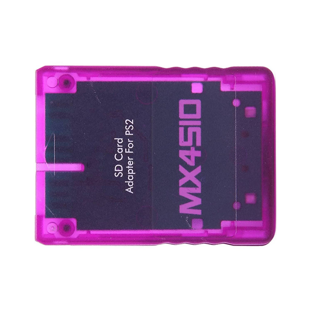 Purple translucent SD card adapter for PS2 with MX4SIO branding and screw holes.
