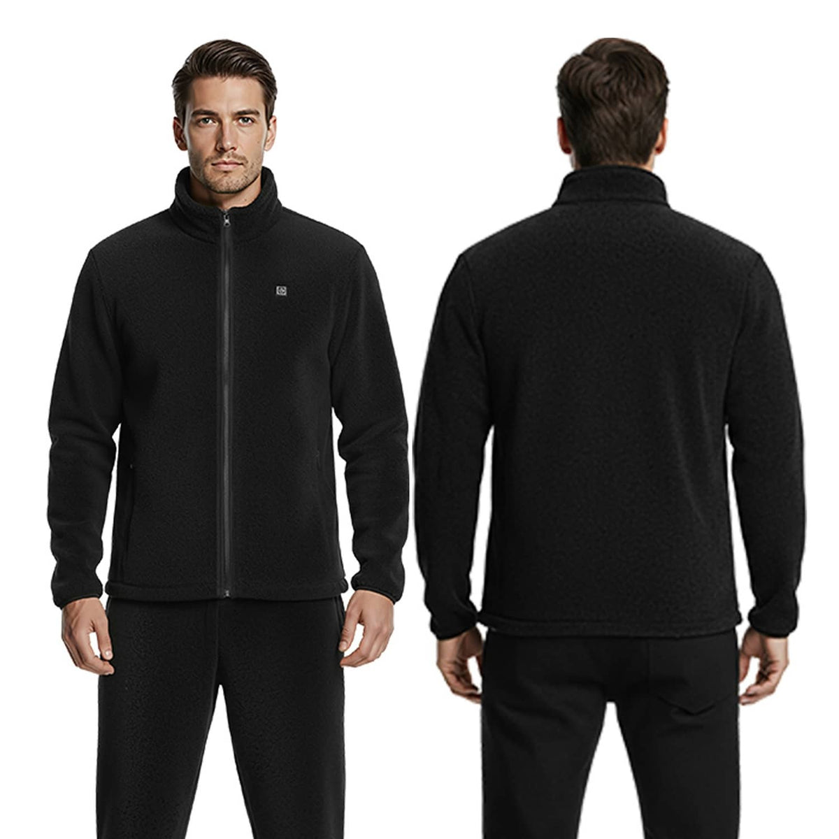 Black heated fleece jacket, front and back view on model