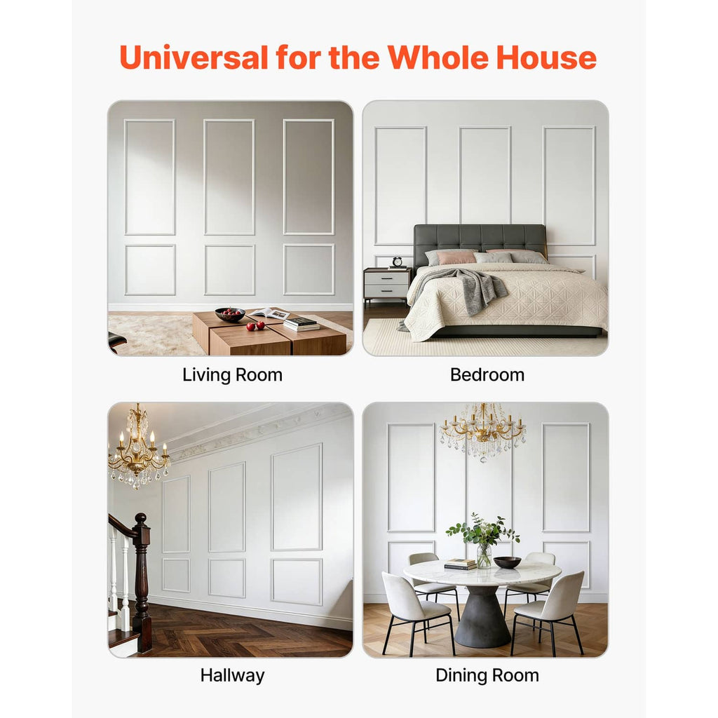 White wall molding trim set arranged in a grid of rectangular frames and squares