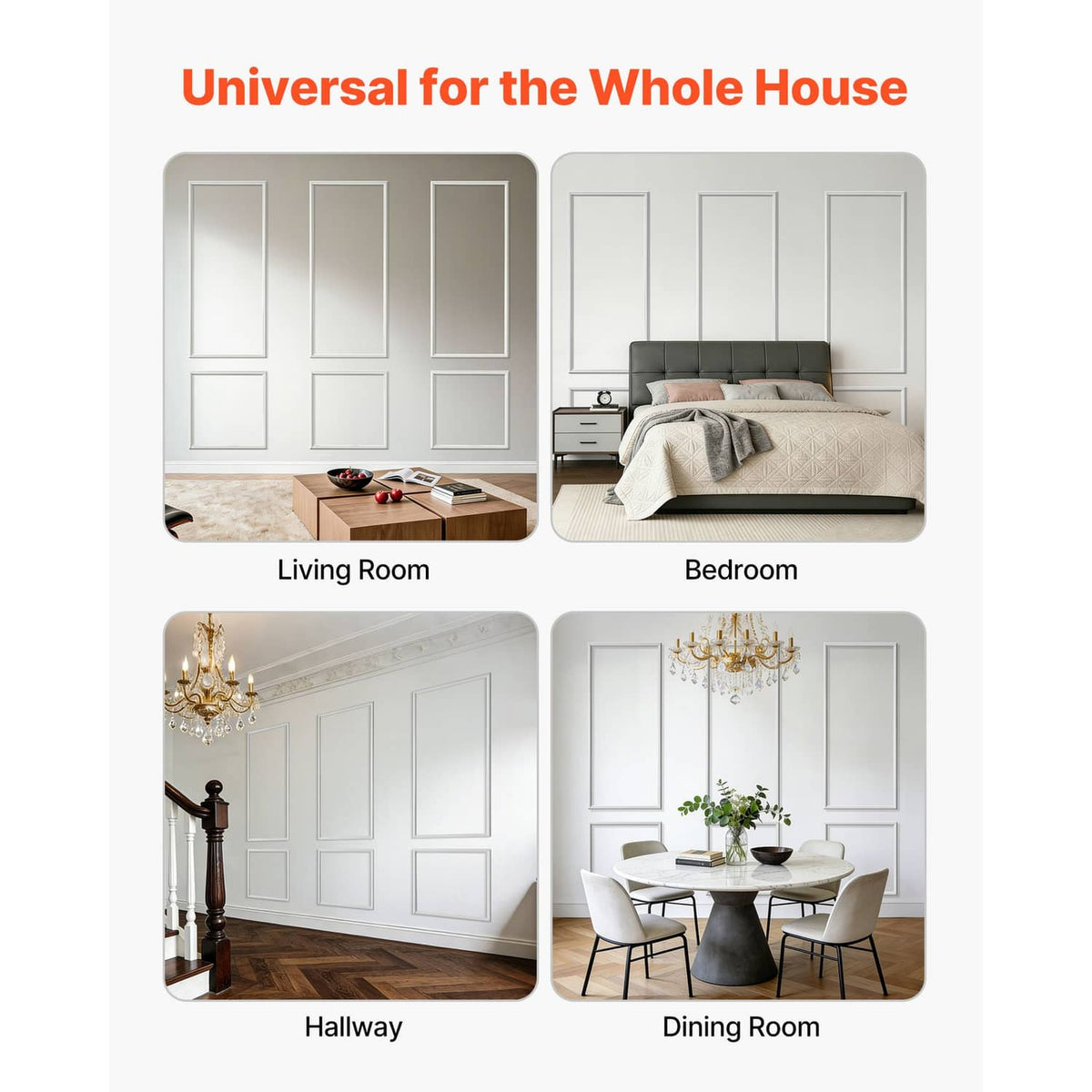 White wall molding trim set arranged in a grid of rectangular frames and squares