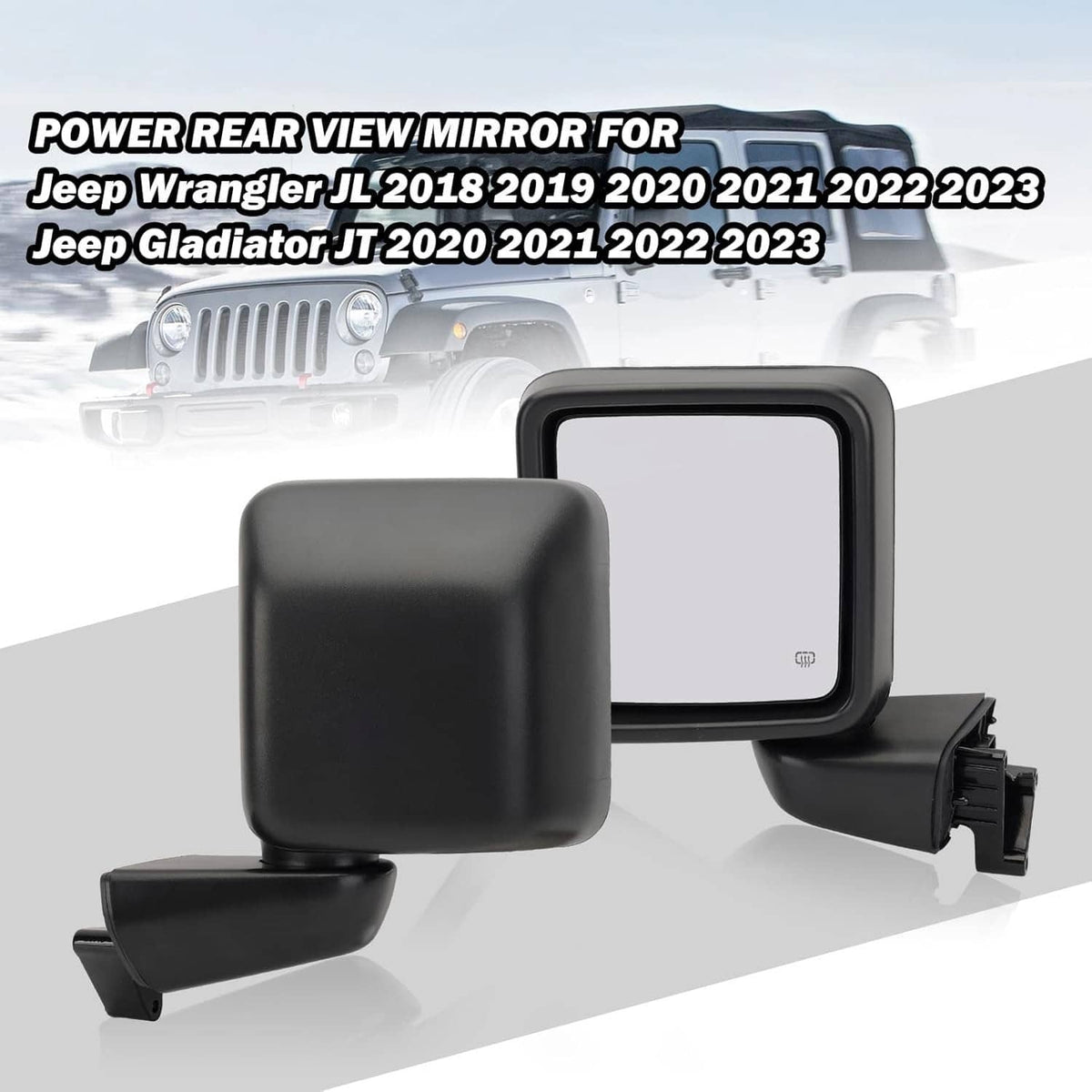 Pair of black power heated side mirrors with square frames and mounting brackets