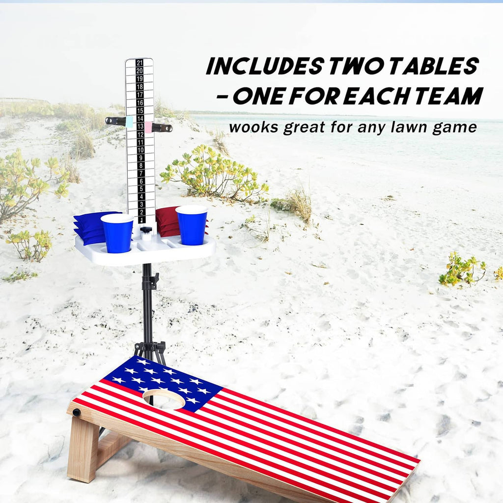 Cornhole scoreboard set with two tables, tall numbered panels, and two cup holders