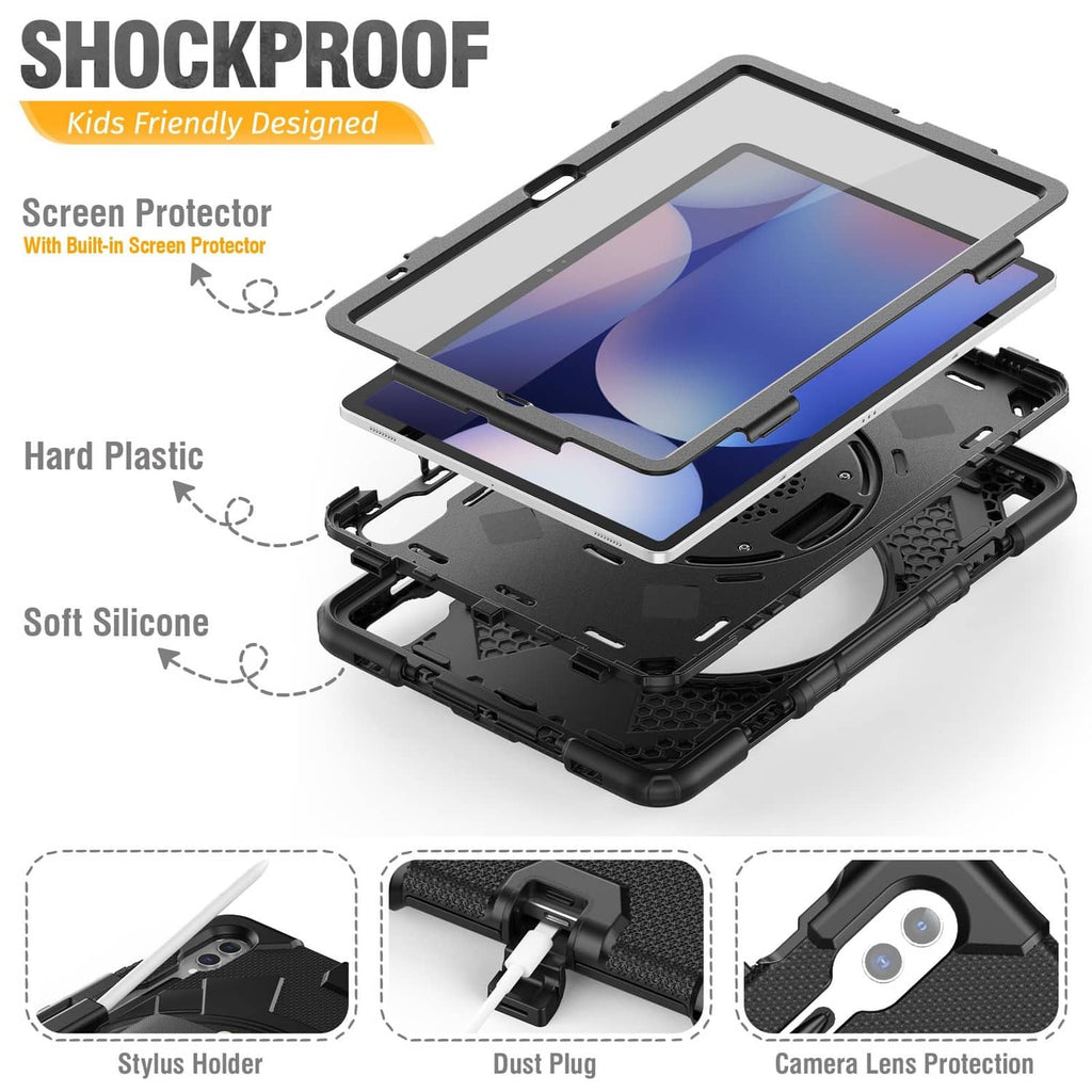 Shockproof black tablet case with screen protector, stylus holder, and lens guard