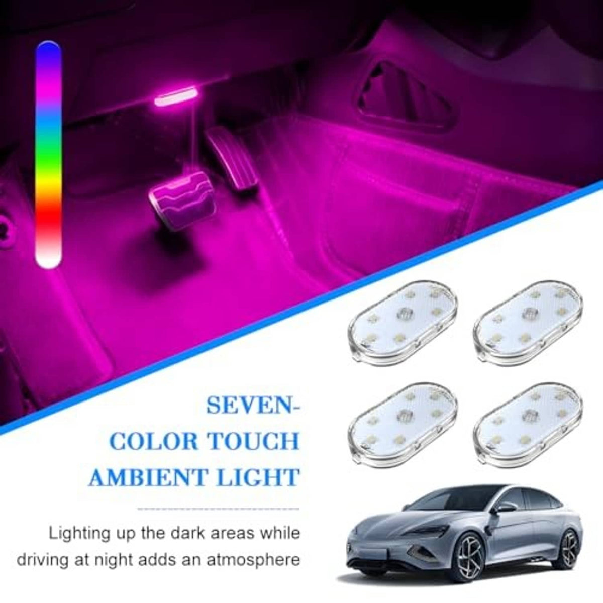 Four-pack seven-color touch ambient LED car interior lights with glowing multicolor bar