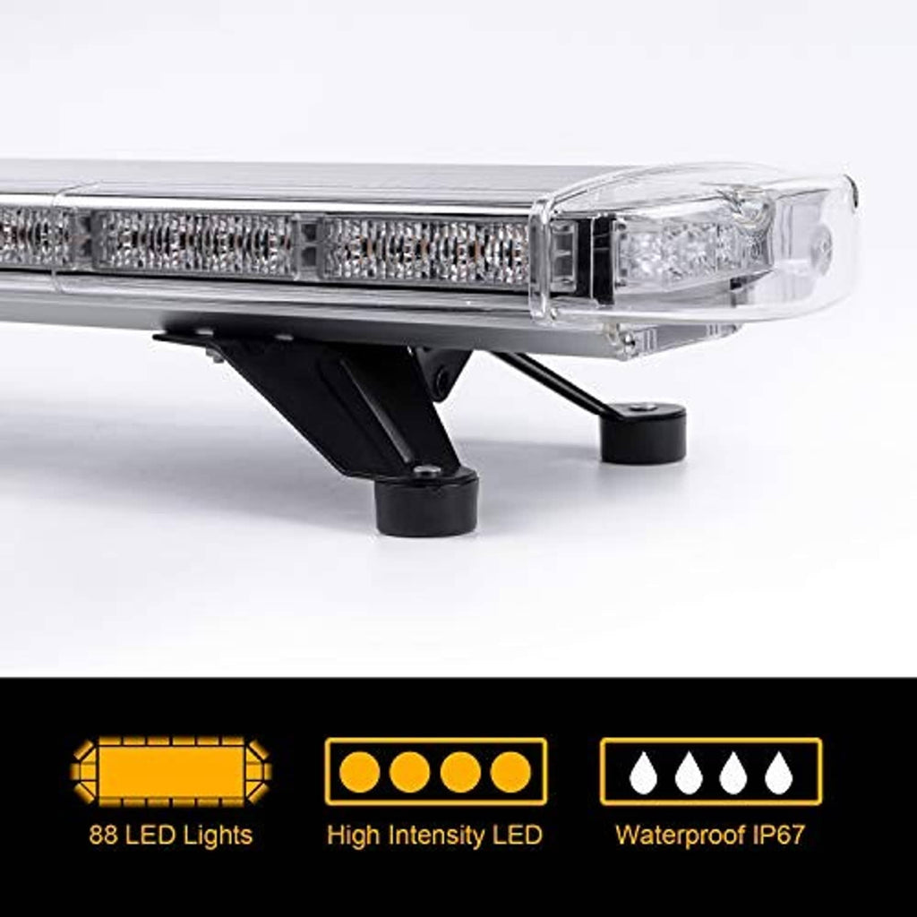 Clear-lens LED strobe light bar close-up with black mounting bracket, single unit